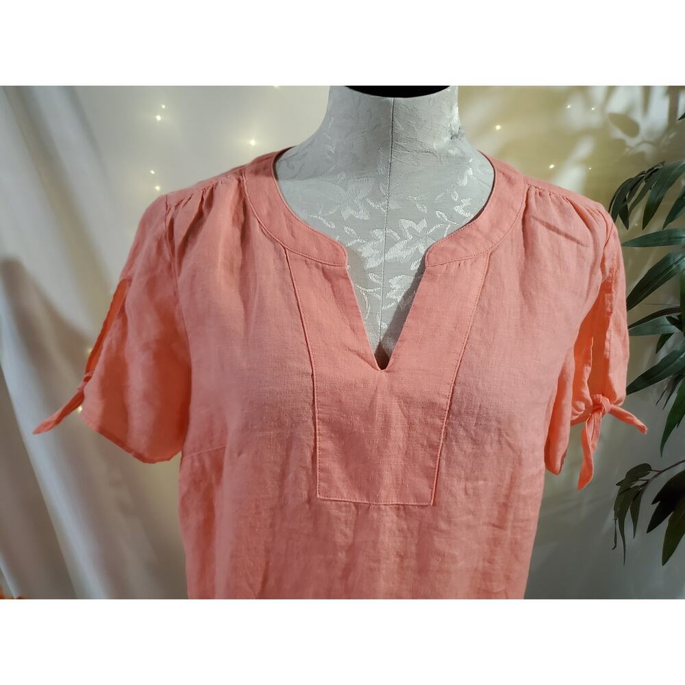 Talbots Linen Slit Tie Short Sleeve Notch Neck Blouse Top Size LP Coral Pink - Picture 5 of 10